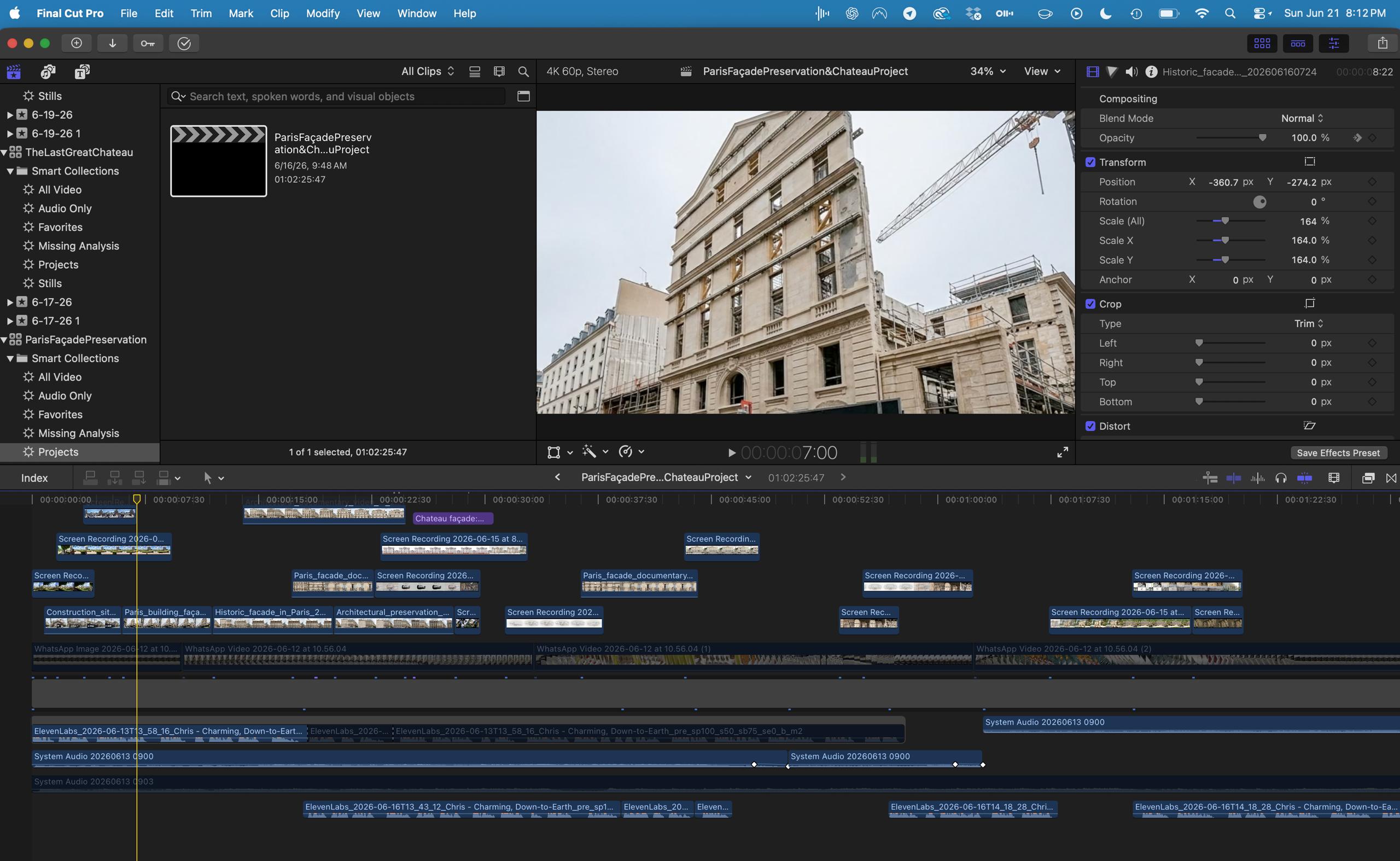 Final Cut Pro editing timeline for a historic facade preservation and chateau video project
